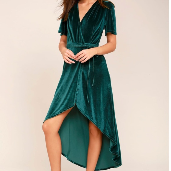 Lulu’s Amour Teal Green Velvet High-Low Wrap dress - Picture 2 of 3